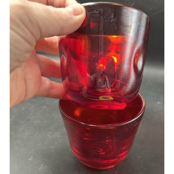 Pair Votive Candle Holder Red Dimple Glass Hand Blown Thick wall 3" Blenko? MCM - Picture 9 of 9